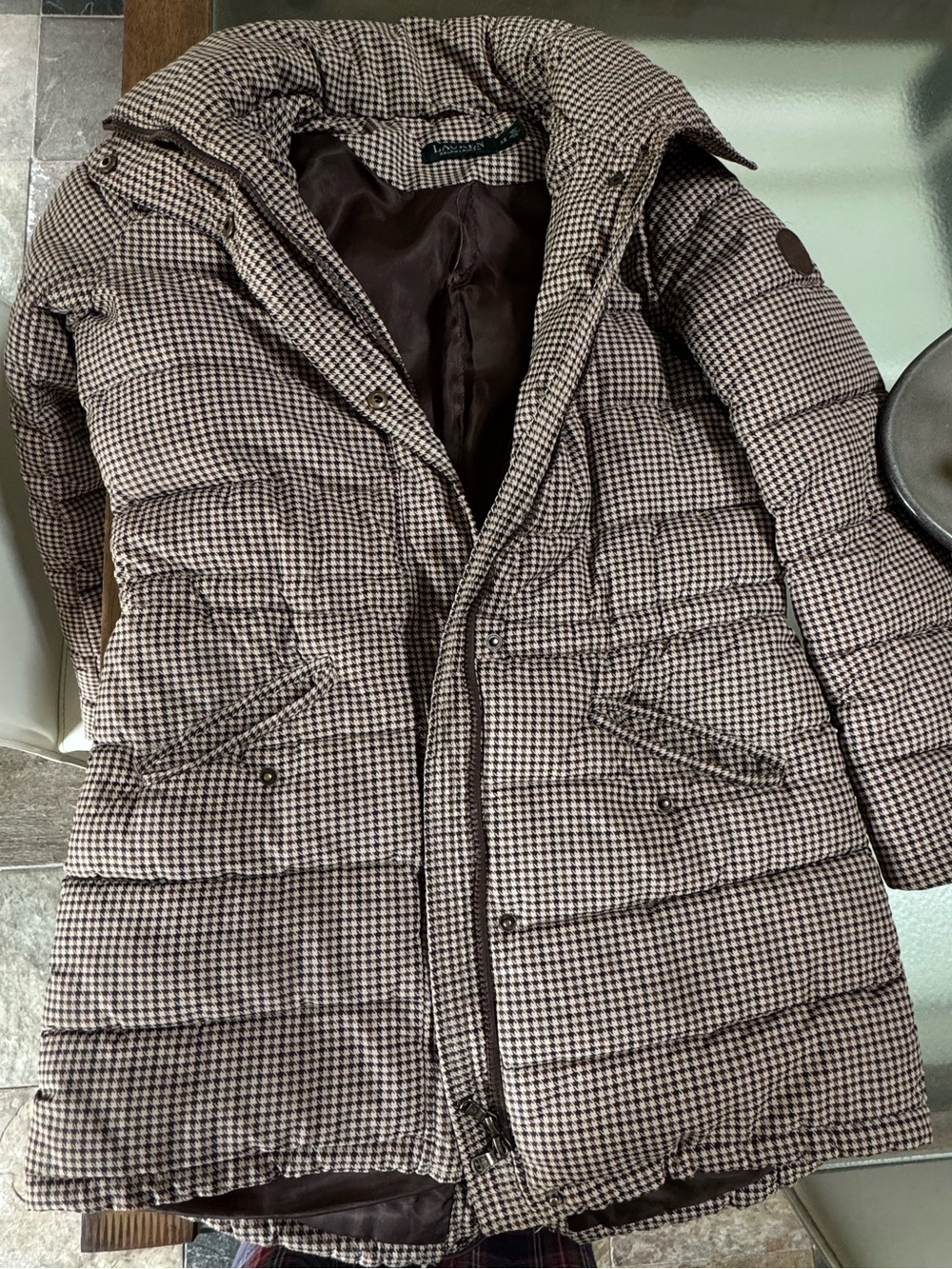 Lauren Ralph Lauren Women's Puffer Houndstooth Plaid Brown Jacket